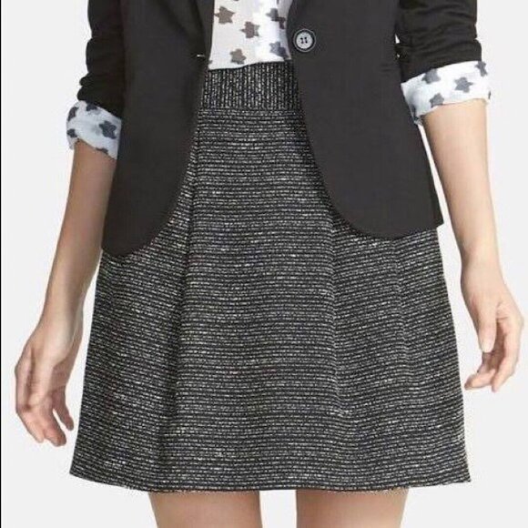 HALOGEN Womens Skirt SZ 12 Black Tweed Lined Pleated Black Cream A-Line Short‎ - Picture 2 of 8